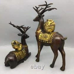 Old Chinese Copper Gilt Handmade Exquisite A Pair Deer Statue