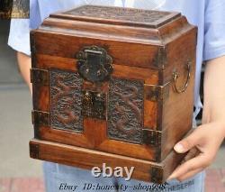 Old Chinese Dynasty Huanghuali Wood Carved Dragon storage Treasure chest cabinet