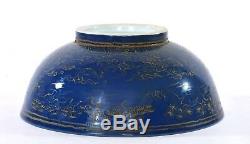 Old Chinese Gilt Cobalt Blue Glaze Monochrome Porcelain Bowl Horse Mk 25CM