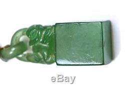 Old Chinese Jade Jadeite Carved Carving Plaque Pin Brooch Fu Dog Lion Seal Chop