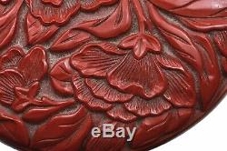 Old Chinese Ming Style Cinnabar Lacquer Deep Carved Peony Scholar Round Ink Box