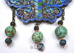 Old Chinese Sterling Silver Enamel Butterfly Lock Turquoise Coral Bead Necklace