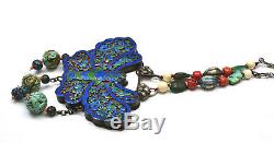 Old Chinese Sterling Silver Enamel Butterfly Lock Turquoise Coral Bead Necklace