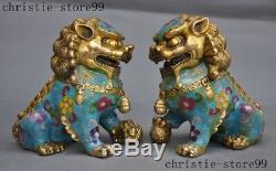 Old Chinese bronze Cloisonne Feng shui Auspicious Lion Foo dog Beast Statue Pair