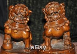 Old chinese Boxwood wood master hand carved foo dog lion rich animal statue pair
