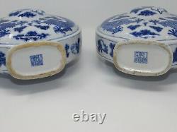 PAIR OF ANTIQUE Large Chinese Blue & White Porcelain Dragon Moonflask QIANLONG
