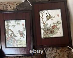 PAIR PORCELAIN? Pictures CHINESE ANTIQUE FAMILLE ROSE FRAMED ROSE WOOD