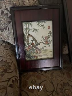 PAIR PORCELAIN? Pictures CHINESE ANTIQUE FAMILLE ROSE FRAMED ROSE WOOD