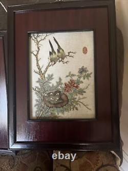 PAIR PORCELAIN? Pictures CHINESE ANTIQUE FAMILLE ROSE FRAMED ROSE WOOD