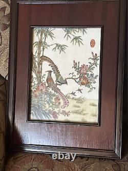 PAIR PORCELAIN? Pictures CHINESE ANTIQUE FAMILLE ROSE FRAMED ROSE WOOD