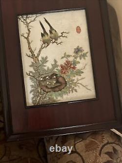 PAIR PORCELAIN? Pictures CHINESE ANTIQUE FAMILLE ROSE FRAMED ROSE WOOD