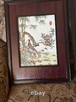 PAIR PORCELAIN? Pictures CHINESE ANTIQUE FAMILLE ROSE FRAMED ROSE WOOD