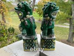 Pair Antique Chinese Famille Verte Porcelain Foo Dogs Lions 19th Century