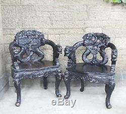 Pair Chinese Japanese Dragon Chairs