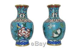 Pair Of Antique Chinese Cloisonné Vases With Gold Gilded Bronze Baluster Form