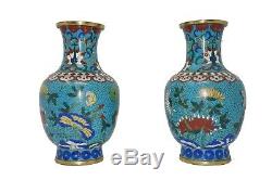 Pair Of Antique Chinese Cloisonné Vases With Gold Gilded Bronze Baluster Form