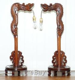 Pair Of Chinese Mahogany Dragon 1920's Hand Carved Wood Table Lamps Part Of Set