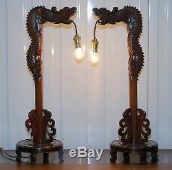 Pair Of Chinese Mahogany Dragon 1920's Hand Carved Wood Table Lamps Part Of Set