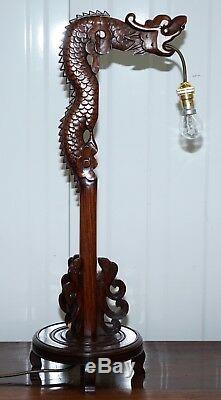 Pair Of Chinese Mahogany Dragon 1920's Hand Carved Wood Table Lamps Part Of Set