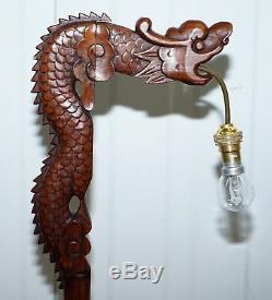 Pair Of Chinese Mahogany Dragon 1920's Hand Carved Wood Table Lamps Part Of Set