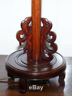 Pair Of Chinese Mahogany Dragon 1920's Hand Carved Wood Table Lamps Part Of Set