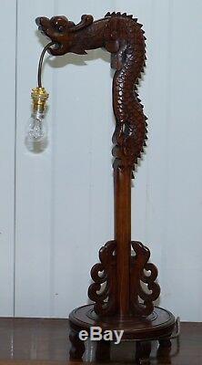 Pair Of Chinese Mahogany Dragon 1920's Hand Carved Wood Table Lamps Part Of Set