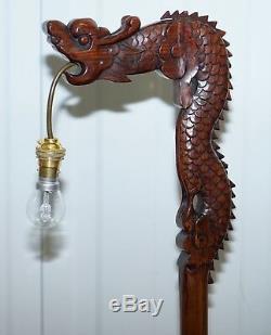 Pair Of Chinese Mahogany Dragon 1920's Hand Carved Wood Table Lamps Part Of Set