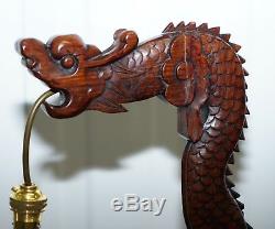 Pair Of Chinese Mahogany Dragon 1920's Hand Carved Wood Table Lamps Part Of Set