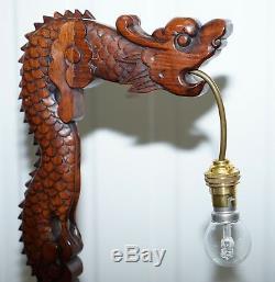 Pair Of Chinese Mahogany Dragon 1920's Hand Carved Wood Table Lamps Part Of Set