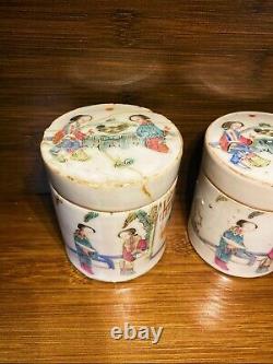 Pair Of Guangxu Chinese Antique Porcelain Famille Rose Pot With Ladies 19th C