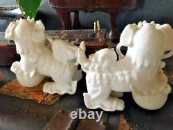Pair Vintage Chinese Blanc De Chine Porcelain Foo Dog Figurines