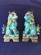Pair Vintage Chinese Export Turquoise Blue Glazed Ceramic Foo Dog Sculptures 10