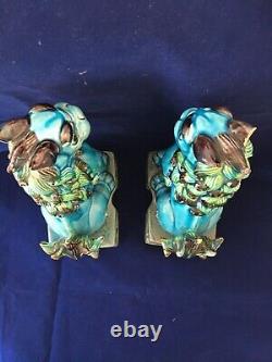 Pair Vintage Chinese Export Turquoise Blue Glazed Ceramic Foo Dog Sculptures 10