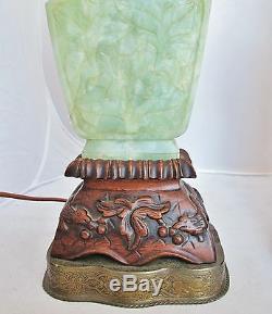 Pair of Antique Chinese Carved Archaic Style Green Serpentine & Wood Urn Lamps