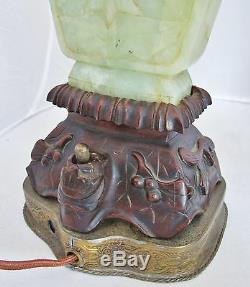 Pair of Antique Chinese Carved Archaic Style Green Serpentine & Wood Urn Lamps