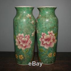 Pair of Nice Chinese Old Green Famille Rose Porcelain Vases
