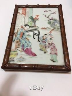 Qing Chinese famille rose porcelain plaque Wood Frame 19thC Lady & Boys CHINA mk