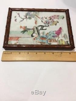 Qing Chinese famille rose porcelain plaque Wood Frame 19thC Lady & Boys CHINA mk
