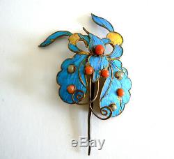 Qing Dynasty Kingfisher Feather Hair Pin Antique VINTAGE Coral Chinese Ca. 1850