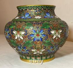 Quality antique handmade Chinese foo dog lion enamel champleve cloisonné vase
