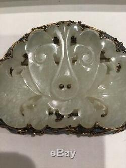 RARE Antique Chinese Export Silver Enameled Carved White Jade Panda Brooch/Pin