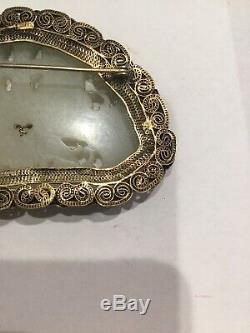 RARE Antique Chinese Export Silver Enameled Carved White Jade Panda Brooch/Pin