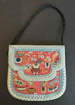 RARE FRAMED ANTIQUE CHINESE SILK PURSE with FORBIDDEN STITCH EMBROIDERY NEEDLEWORK
