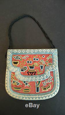 RARE FRAMED ANTIQUE CHINESE SILK PURSE with FORBIDDEN STITCH EMBROIDERY NEEDLEWORK