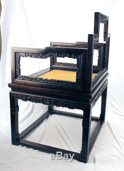 RARE Pair Chinese Xiaoye Zitan Hardwood Carved Low Back Arm Chair w No Mix Wood
