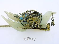 Rare Antique 19c Chinese 18k 14k Silver Carved White Jade Dove Pin Moveable Wing
