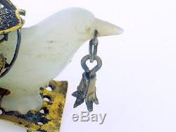 Rare Antique 19c Chinese 18k 14k Silver Carved White Jade Dove Pin Moveable Wing