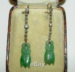 Rare, Antique Chinese 9 Ct Gold Cicada Earrings With Carved Jade & Sapphires