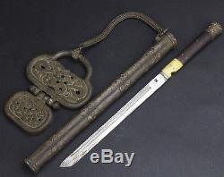 Rare Antique Chinese Fine Silver Traveller Dagger Knife Sword With Counterweight