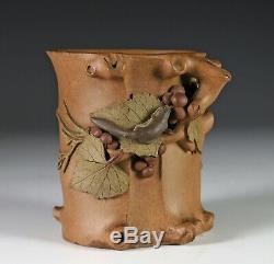 Rare Antique Chinese Four Color Yixing Brush Pot with Squirrels and Grapes